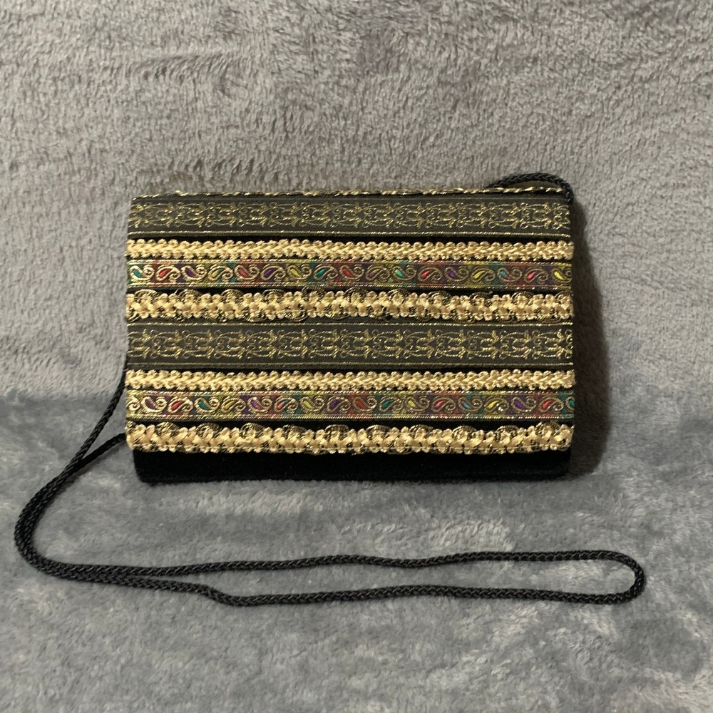 Carla Marchi Black Velvet Gold Embroidered Evening Clutch Crossbody Bag Vintage